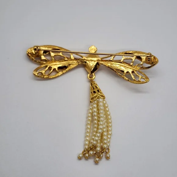 Avon Dragon Fly Gold & Faux Pearl Brooch Pendant - Picture 10 of 17